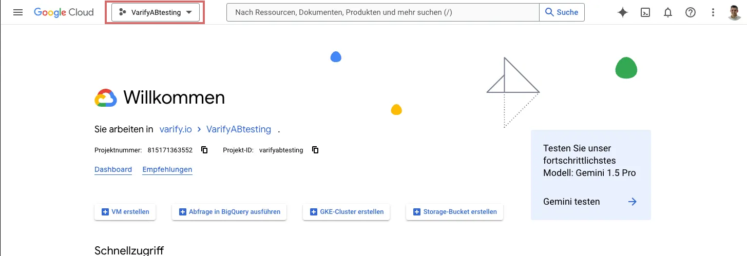 Google Cloud welcome page with the project picker in the top bar highlighted