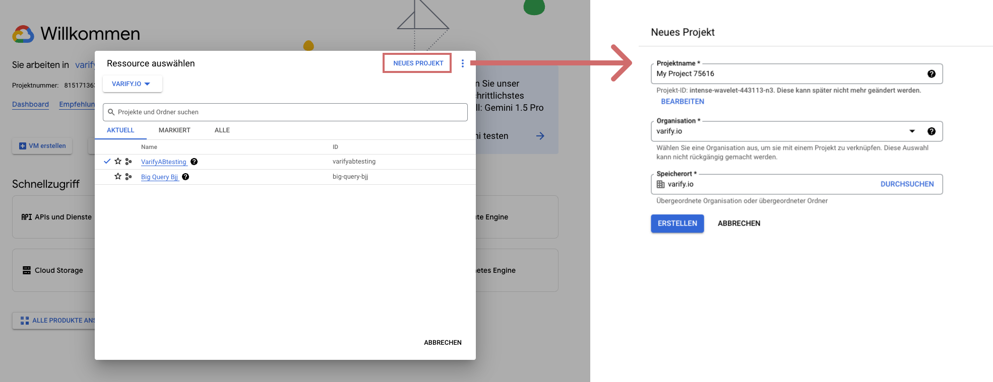 Dialog „Ressource auswählen“ with „NEUES PROJEKT“ highlighted, and next to it the form for project name, organization and location