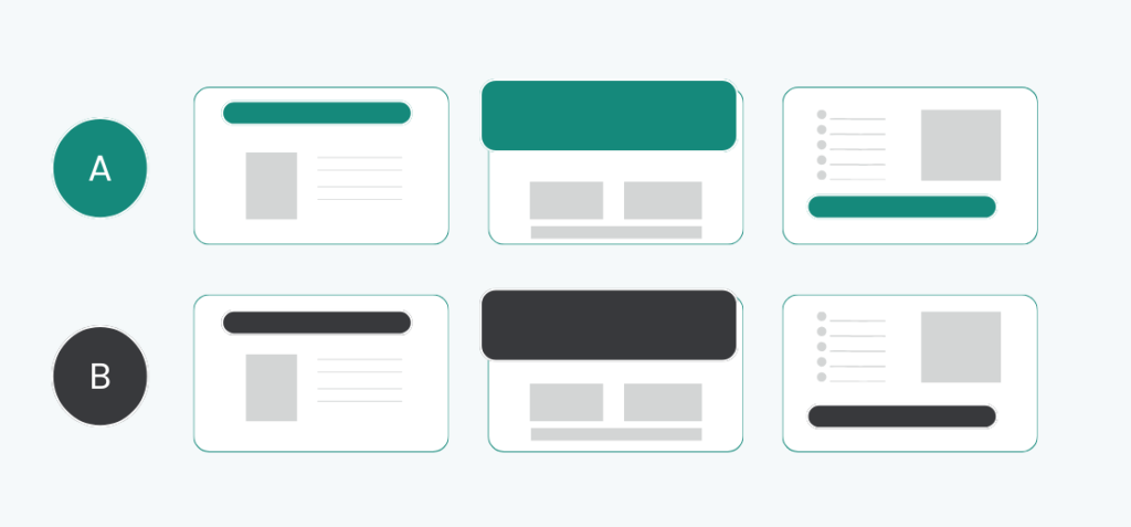 Diagram of a multi-page experiment: three pages in row A with a green header, the same three in row B with a dark one