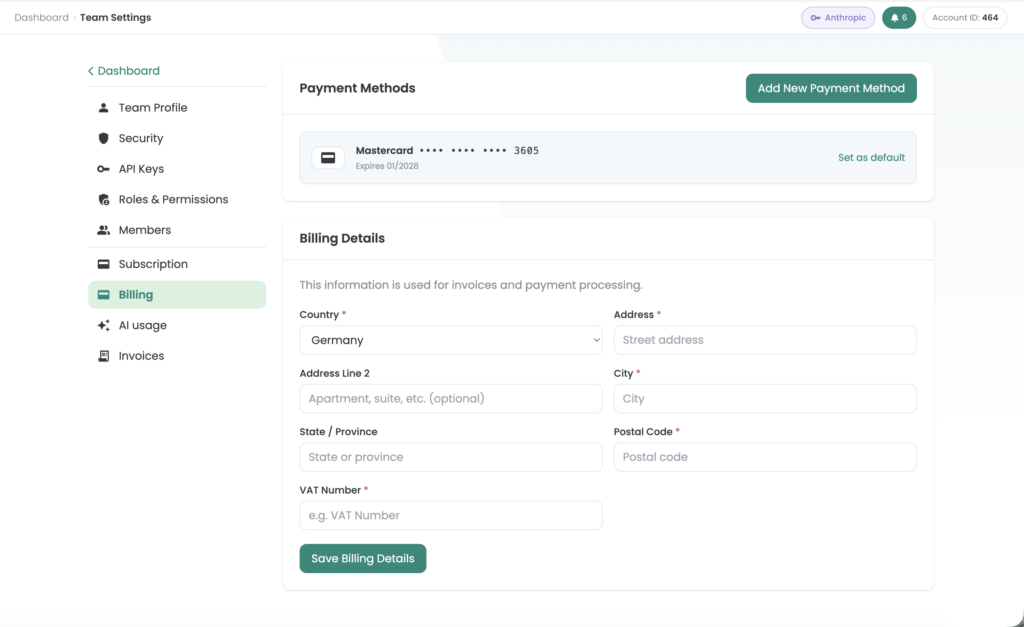 Varify billing page with the stored Mastercard and the „Billing Details“ form for country, address and VAT number