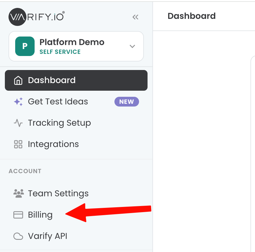 Varify sidebar with a red arrow pointing at the „Billing“ entry under „Account“