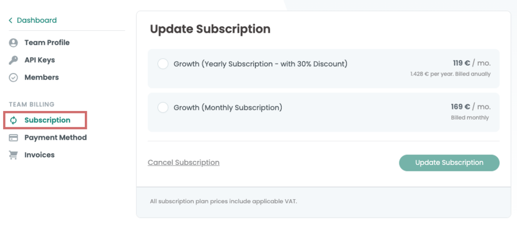 Varify screen „Update Subscription“; the „Subscription“ entry in the sidebar is highlighted and the yearly and monthly Growth plans are listed