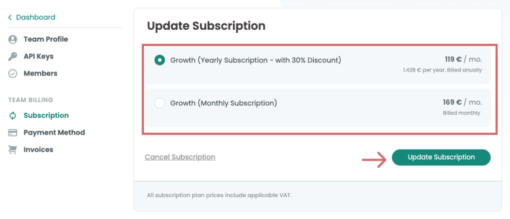 The same screen with the yearly Growth plan selected and an arrow pointing at „Update Subscription“