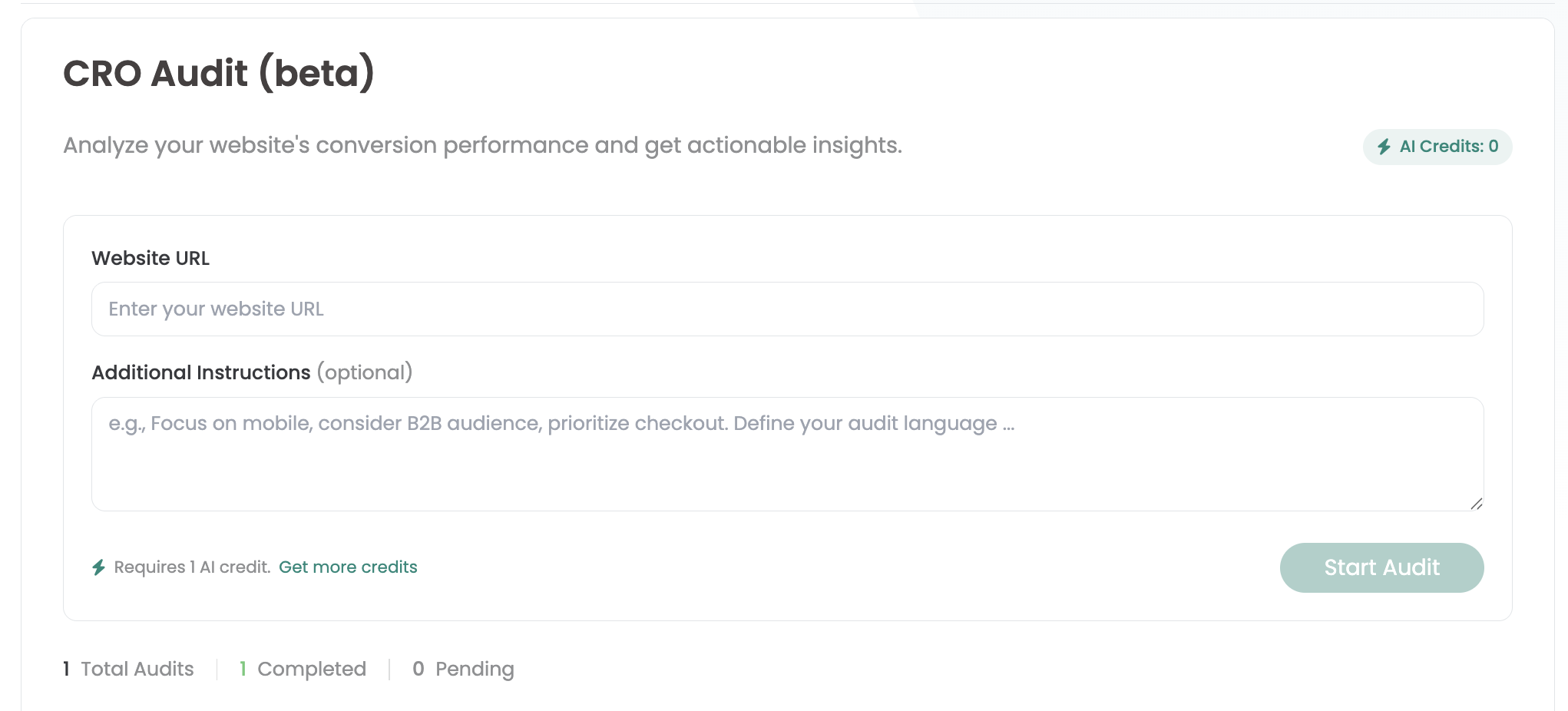 Varify screen „CRO Audit (beta)“ with fields for the website URL and optional instructions; one audit costs one AI credit