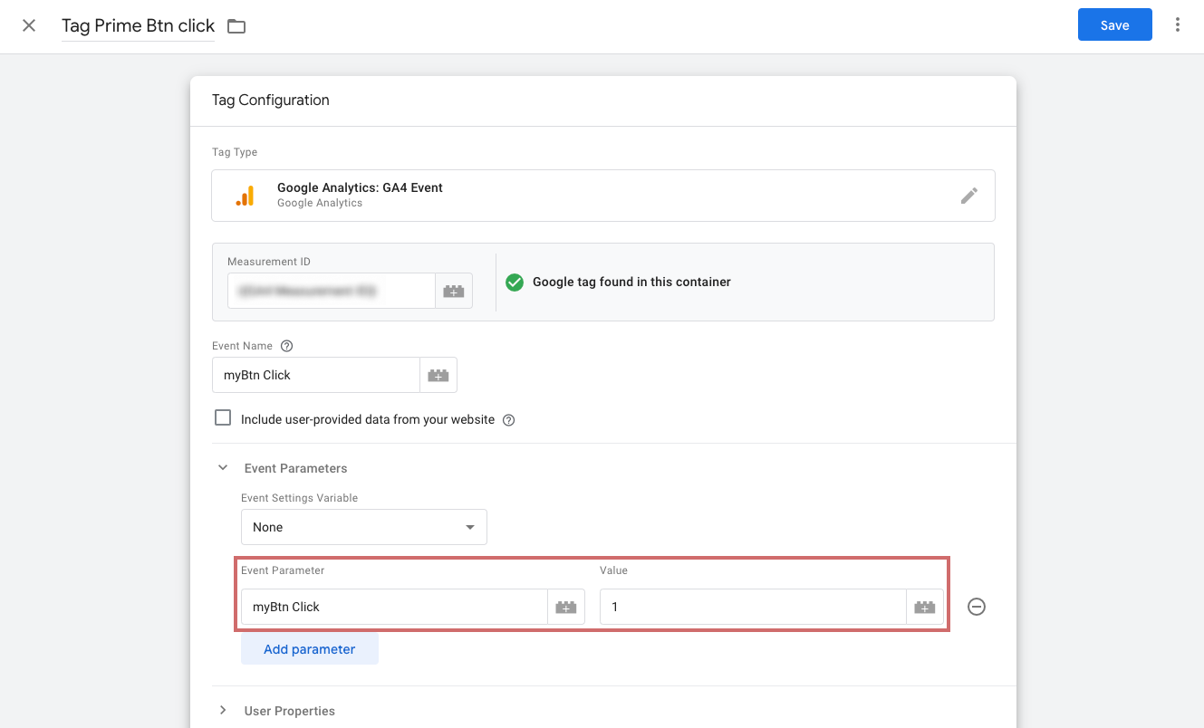 Google Tag Manager GA4 event tag „myBtn Click“ with the event parameter of the same name and the value 1 highlighted