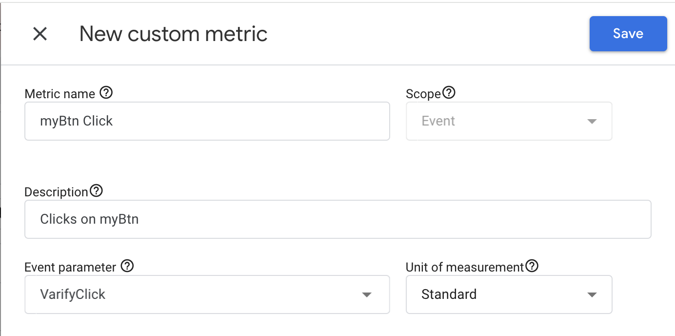 GA4 dialog „New custom metric“ named „myBtn Click“ with scope „Event“ and the event parameter „VarifyClick“