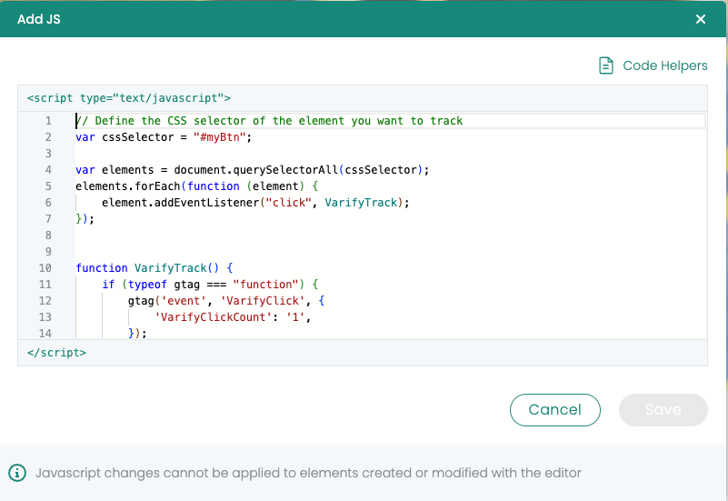 Varify dialog „Add JS“ with the tracking script: the CSS selector is set in „cssSelector“ and every click sends the gtag event „VarifyClick“