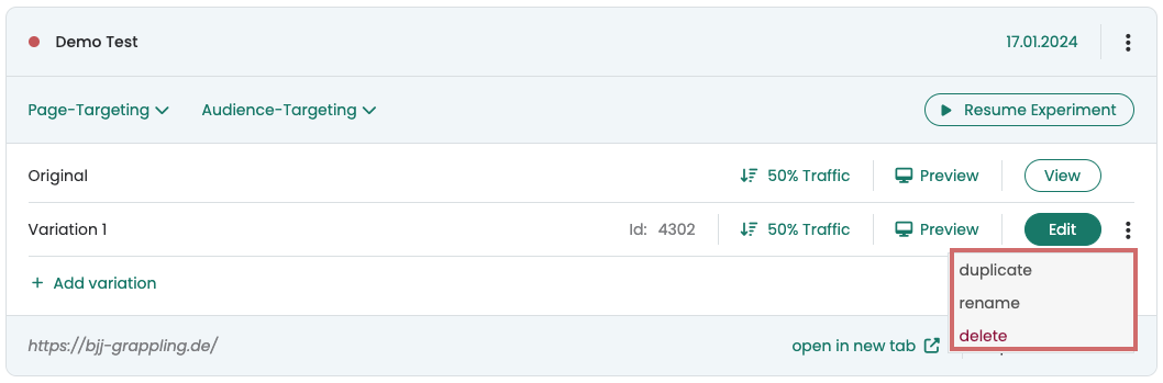 Variation menu open with the entries duplicate, rename and delete