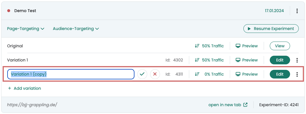 The new row „Variation 1 (copy)“ with its name in edit mode and 0 % traffic