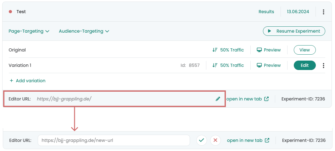 The same row after clicking the pencil: the address is editable, with a green check to confirm and a red cross to discard.