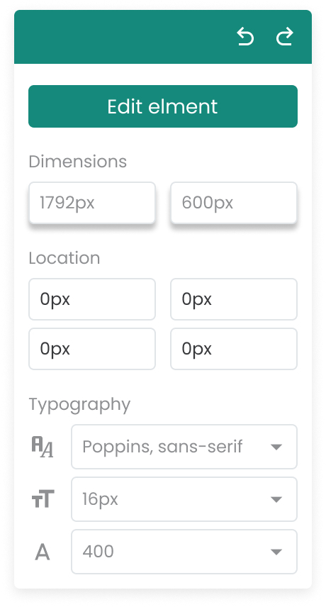 Varify style panel with „Edit element“, the fields for dimensions and position and the typography settings