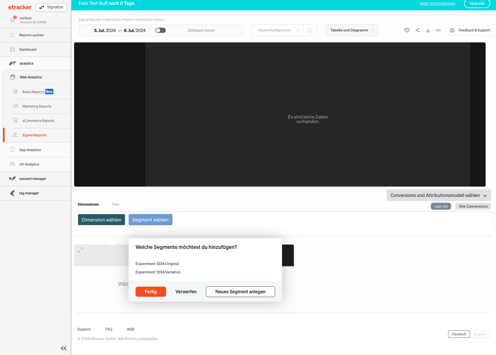 etracker custom report with the dialog „Welche Segmente möchtest du hinzufügen?“ listing both experiment segments