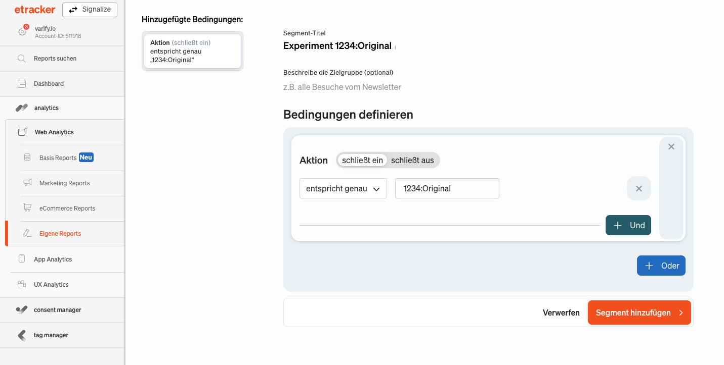 etracker segment „Experiment 1234:Original“ whose condition is the action exactly matching „1234:Original“