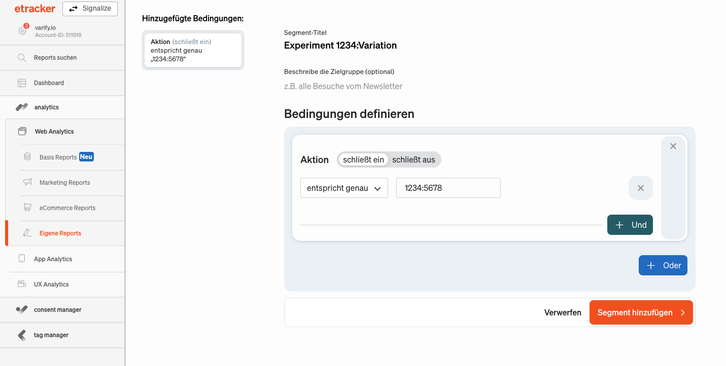 etracker segment „Experiment 1234:Variation“ whose condition is the action exactly matching „1234:5678“