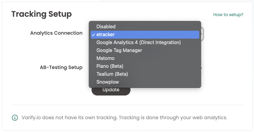 Varify tracking setup with the analytics connection dropdown open and „etracker“ ticked