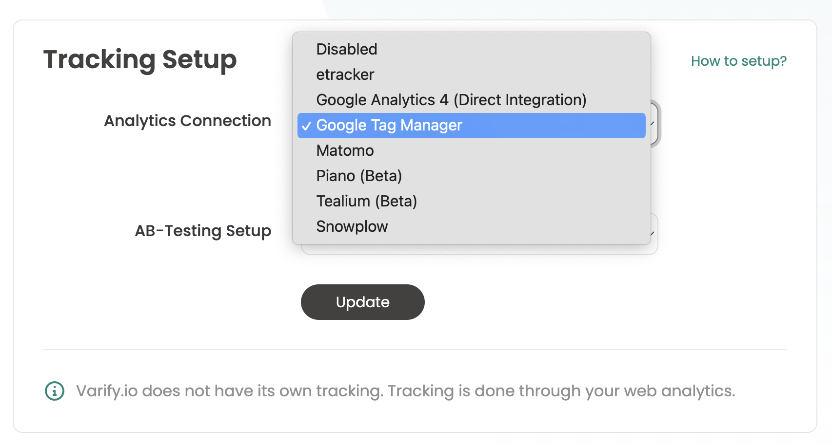The same dropdown with „Google Tag Manager“ ticked among the available connections