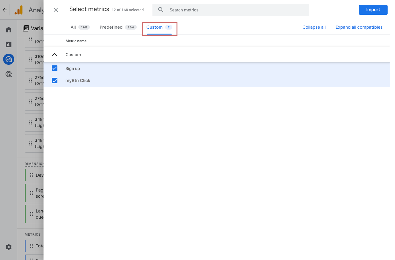 GA4 dialog „Select metrics“ with the highlighted tab „Custom“; the two metrics „Sign up“ and „myBtn Click“ are ticked