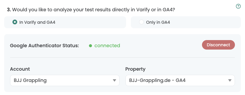 Wizard step 3 with „In Varify and GA4“ selected; below it the connected Google account and the chosen GA4 property.
