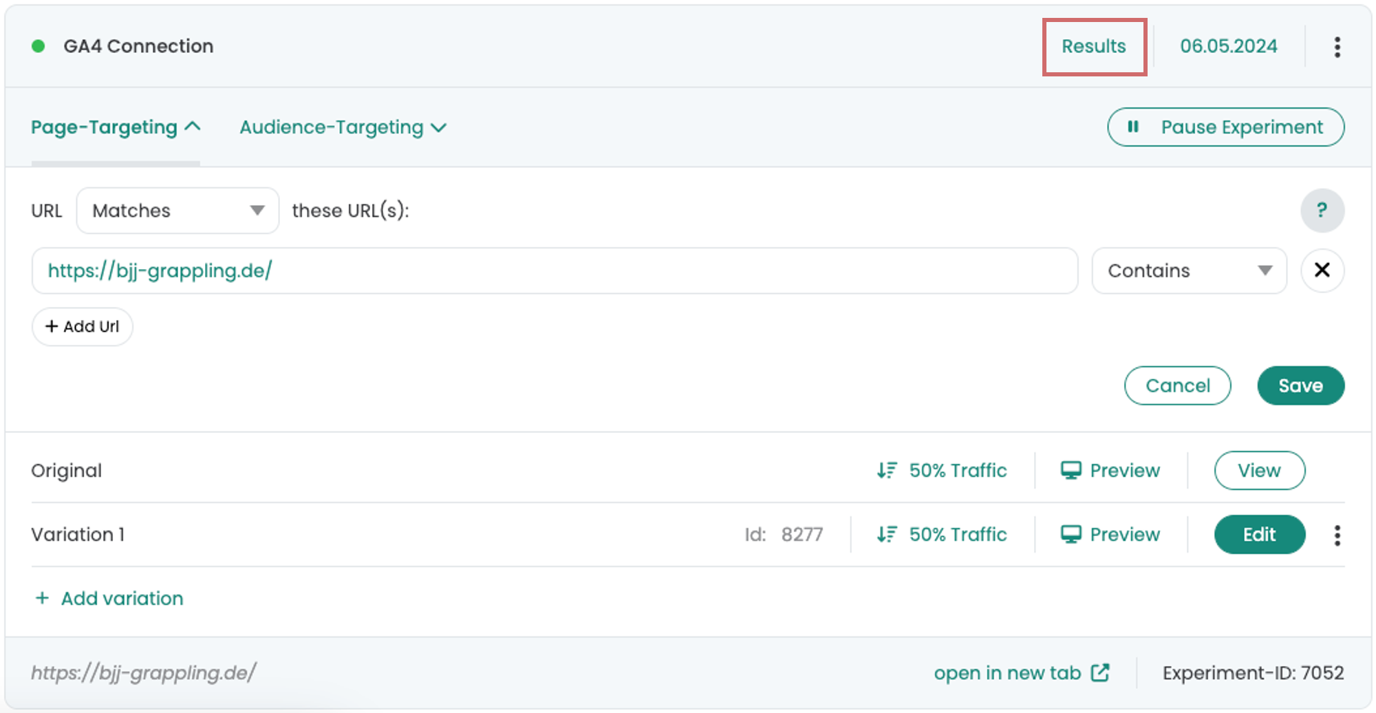 A running experiment with the „Results“ link at the top highlighted.