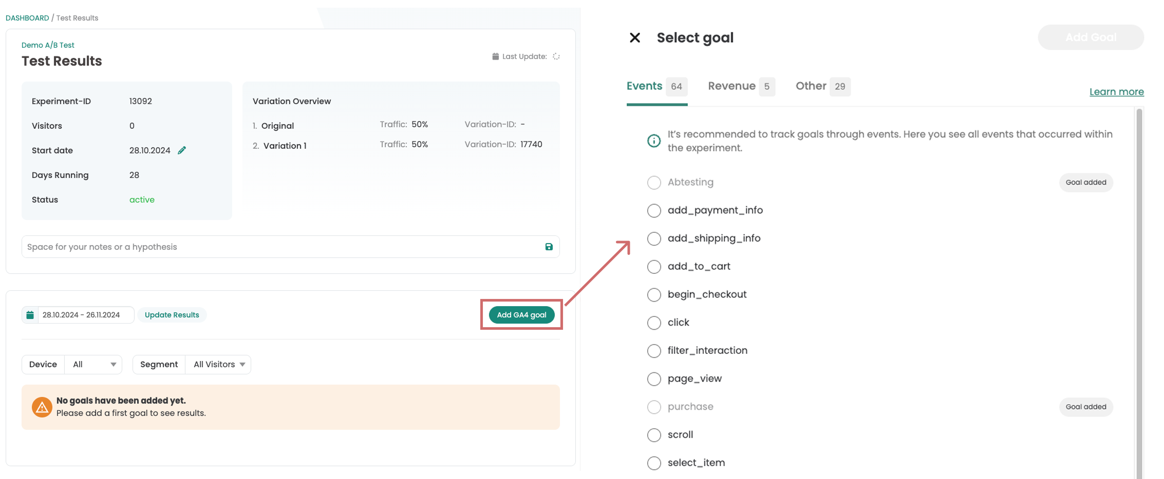 Test results without goals; the „Add GA4 goal“ button opens the list of GA4 events to pick from.