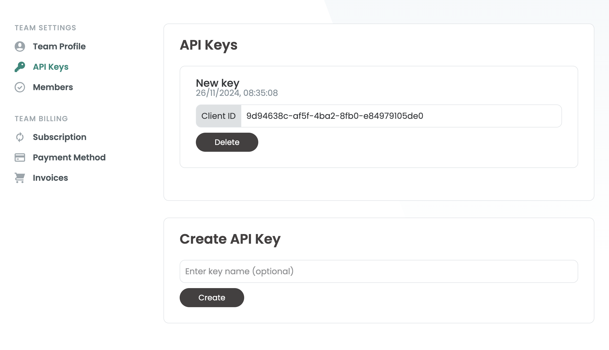 Varify team settings under „API Keys“ with one existing key and the form „Create API Key“ below