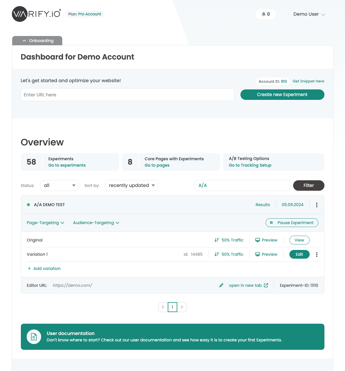 The Varify dashboard: the onboarding bar with the address field and „Create new Experiment“, the Overview tiles, the status filter, sorting and search, and one experiment with Original and Variation 1 at 50 % traffic each.