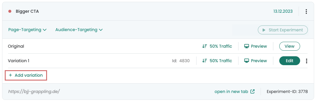 Experiment with Original and one variation; the link „Add variation“ is highlighted