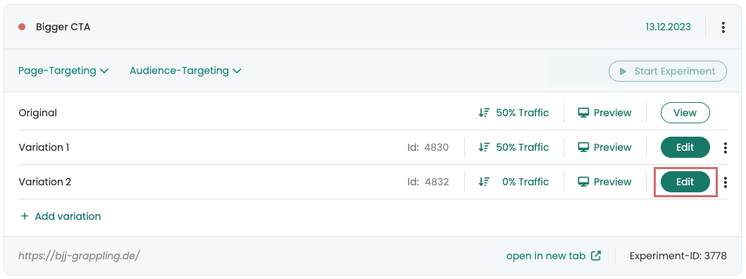 The added „Variation 2“ at 0 % traffic with its „Edit“ button highlighted