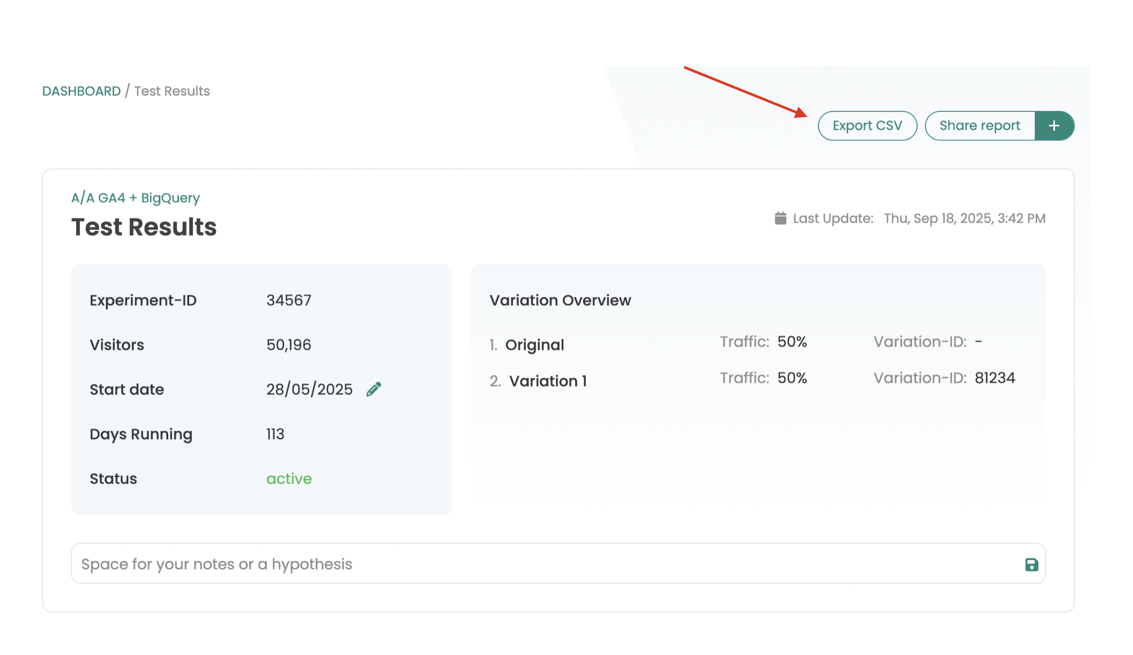 Varify test results with an arrow pointing at the „Export CSV“ button next to „Share report“