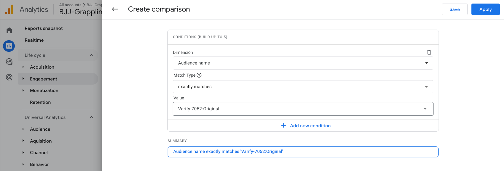 GA4 dialog „Create comparison“: dimension „Audience name“, match type „exactly matches“, value „Varify-7052:Original“