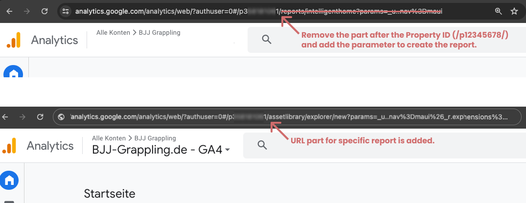 GA4 address bar before and after: everything after the property ID is deleted and the report path „/assetlibrary/explorer/new“ added instead