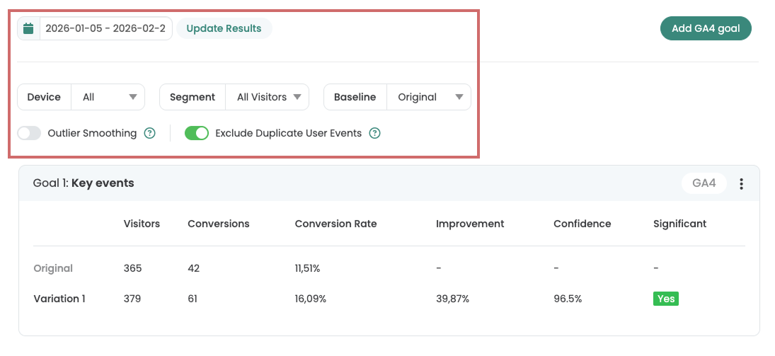 The same report with the filter row highlighted: date range, device, segment, baseline and the two switches.