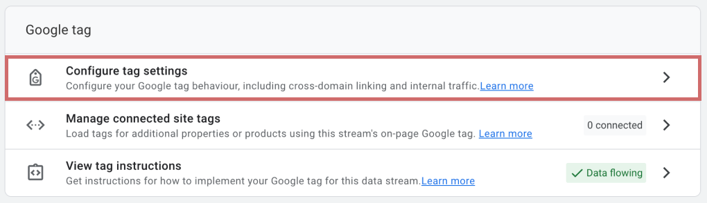 Google tag section of the data stream with the entry „Configure tag settings“ highlighted