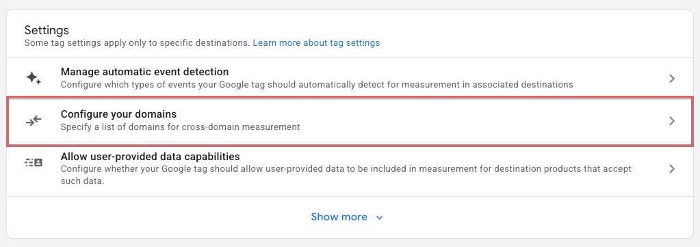 Tag settings with the highlighted entry „Configure your domains – Specify a list of domains for cross-domain measurement“
