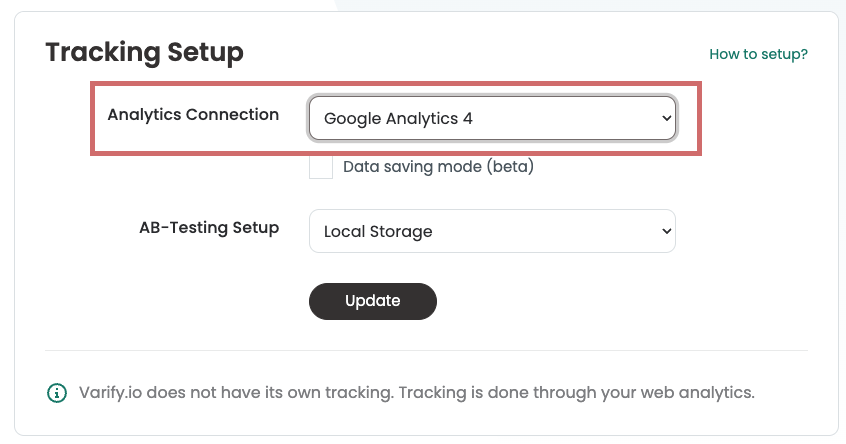 The Tracking Setup with the „Analytics Connection“ list set to „Google Analytics 4“.