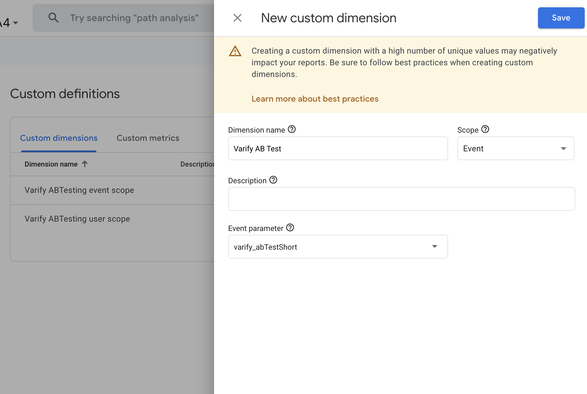 The GA4 dialog „New custom dimension“: name „Varify AB Test“, scope „Event“ and the event parameter varify_abTestShort.