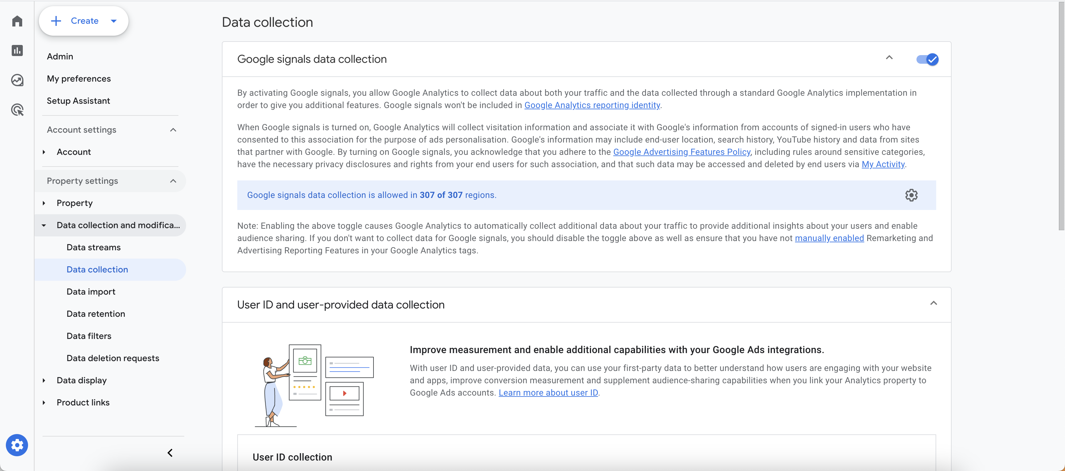 The GA4 data collection settings with „Google signals data collection“ switched on.