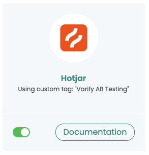 The Hotjar card on the Integrations page in Varify, switched on, using the custom tag „Varify AB Testing“