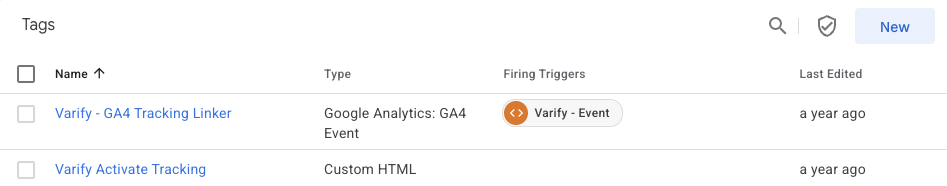 Tag list in Google Tag Manager with „Varify - GA4 Tracking Linker“ on the trigger „Varify - Event“ and „Varify Activate Tracking“ as custom HTML