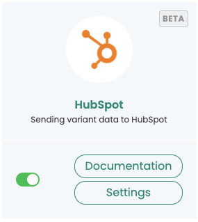 The HubSpot card on the Integrations page in Varify, switched on (beta), with the buttons „Documentation“ and „Settings“