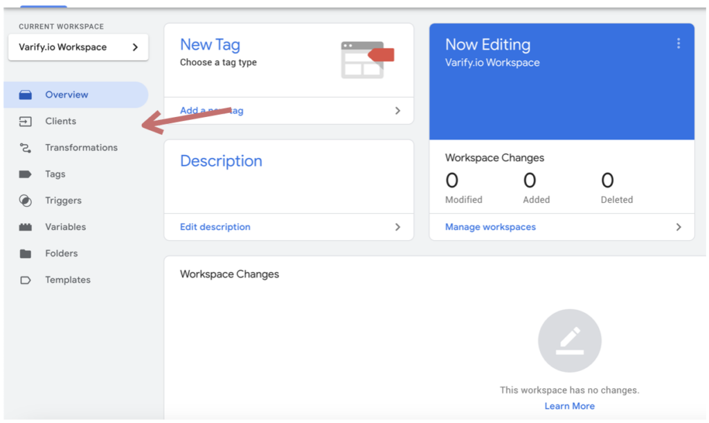 The server container in Google Tag Manager with an arrow on the menu entry „Clients“.