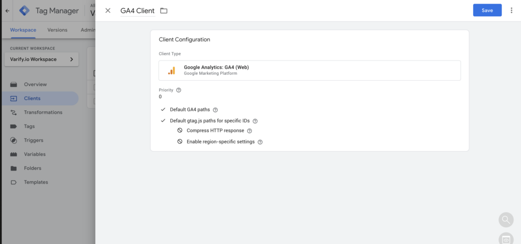 The client „GA4 Client“ of type Google Analytics: GA4 (Web) with its default paths enabled.