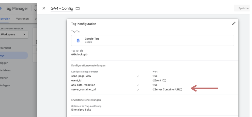 The web container's GA4 configuration tag with an arrow on the parameter server_container_url.