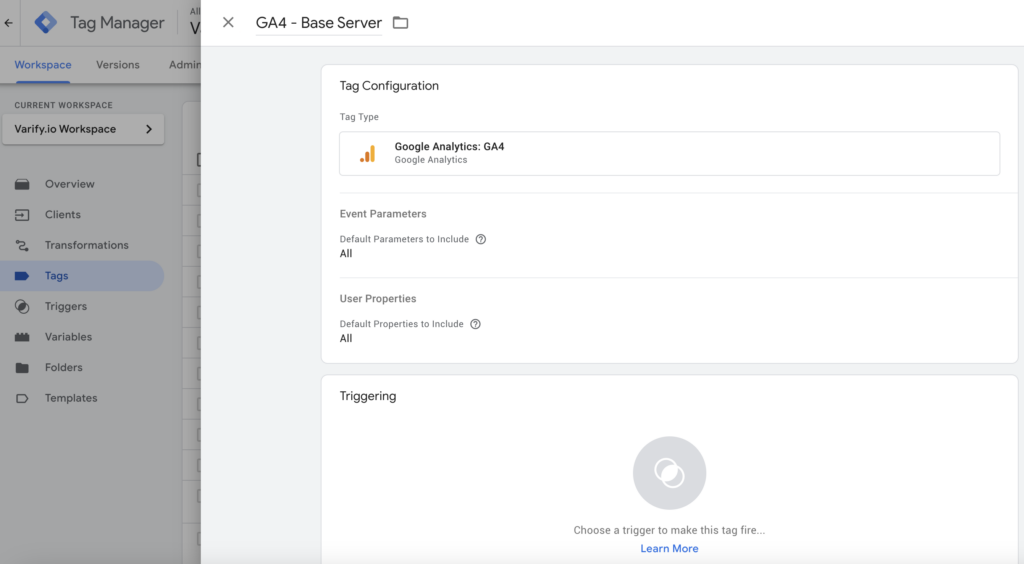 The server-side tag „GA4 - Base Server“ of type Google Analytics: GA4, with all event parameters and user properties included and no trigger yet.