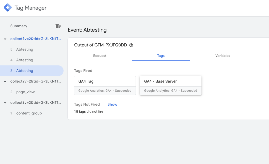 The server container preview: for the event „Abtesting“ both the GA4 tag and „GA4 - Base Server“ are listed as fired successfully.