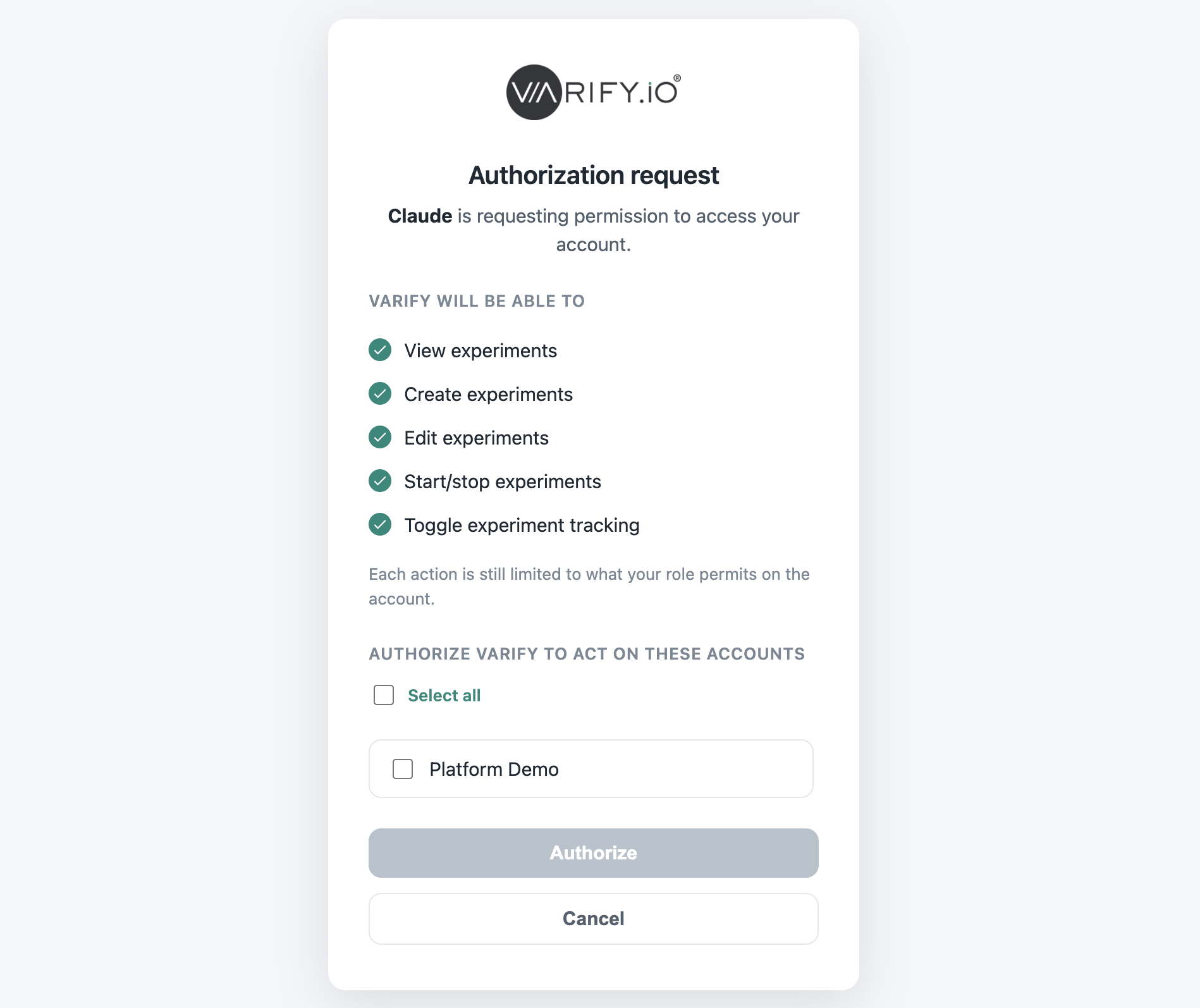 Varify authorisation dialog: Claude asks for permission to view, create, edit, start and stop experiments and to toggle tracking, and to pick the accounts it may act on.