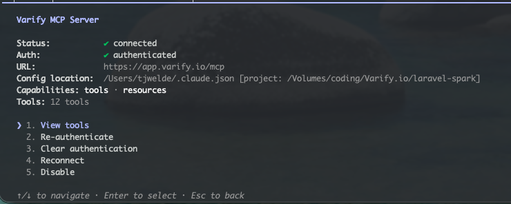 Claude Code showing the Varify MCP server as connected and authenticated, with 12 tools available.