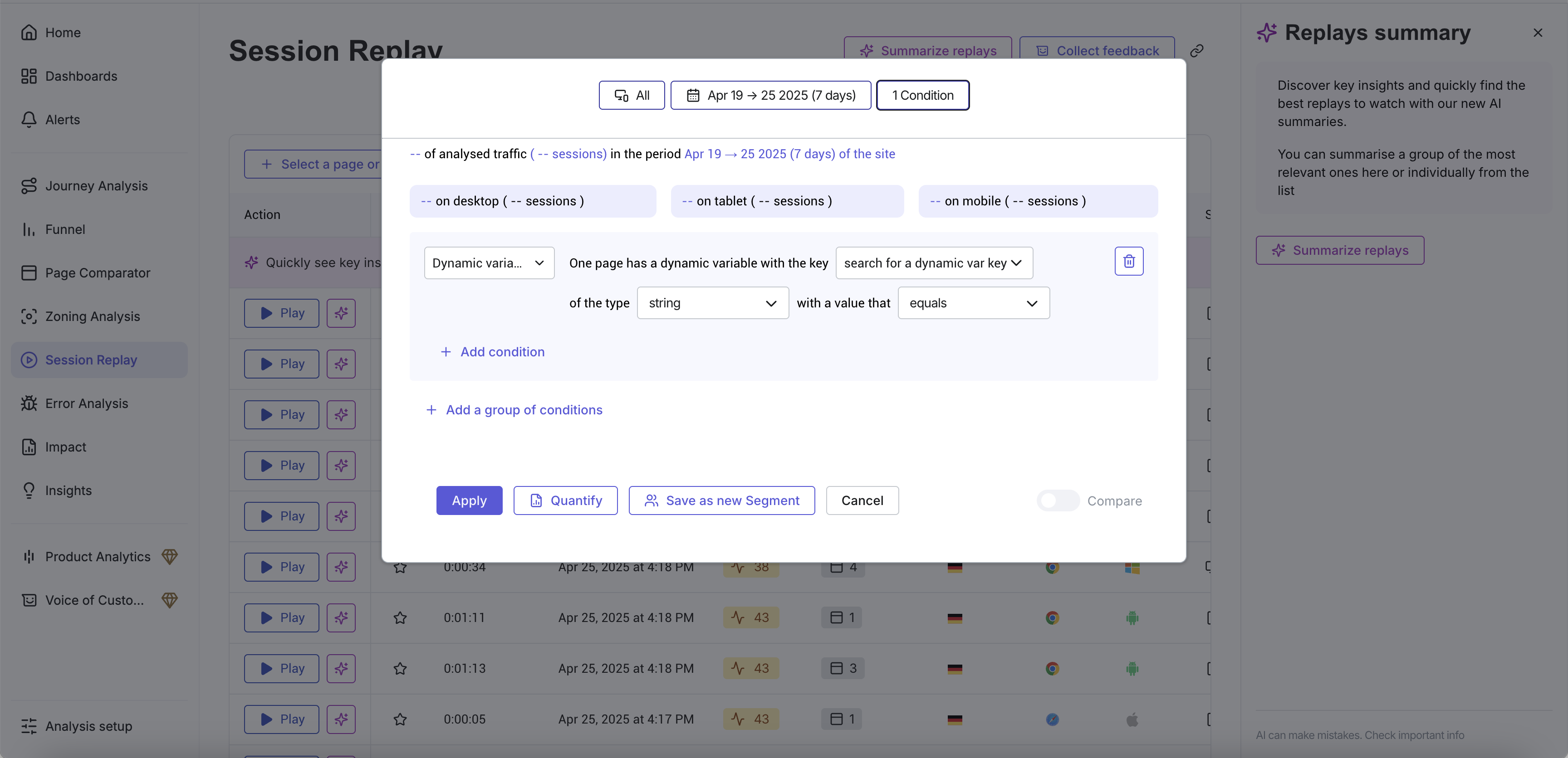 Contentsquare Session Replay with a segment condition on a dynamic variable, ready to pick the experiment variant.