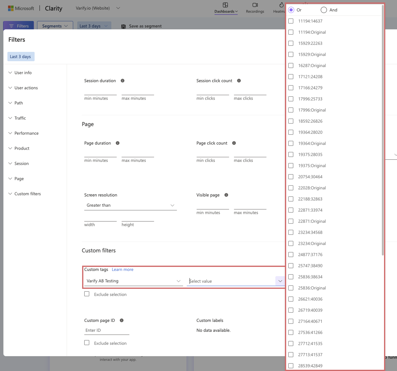 Microsoft Clarity filters: under Custom filters the tag „Varify AB Testing“ is chosen, and the value list offers the experiment and variation IDs.