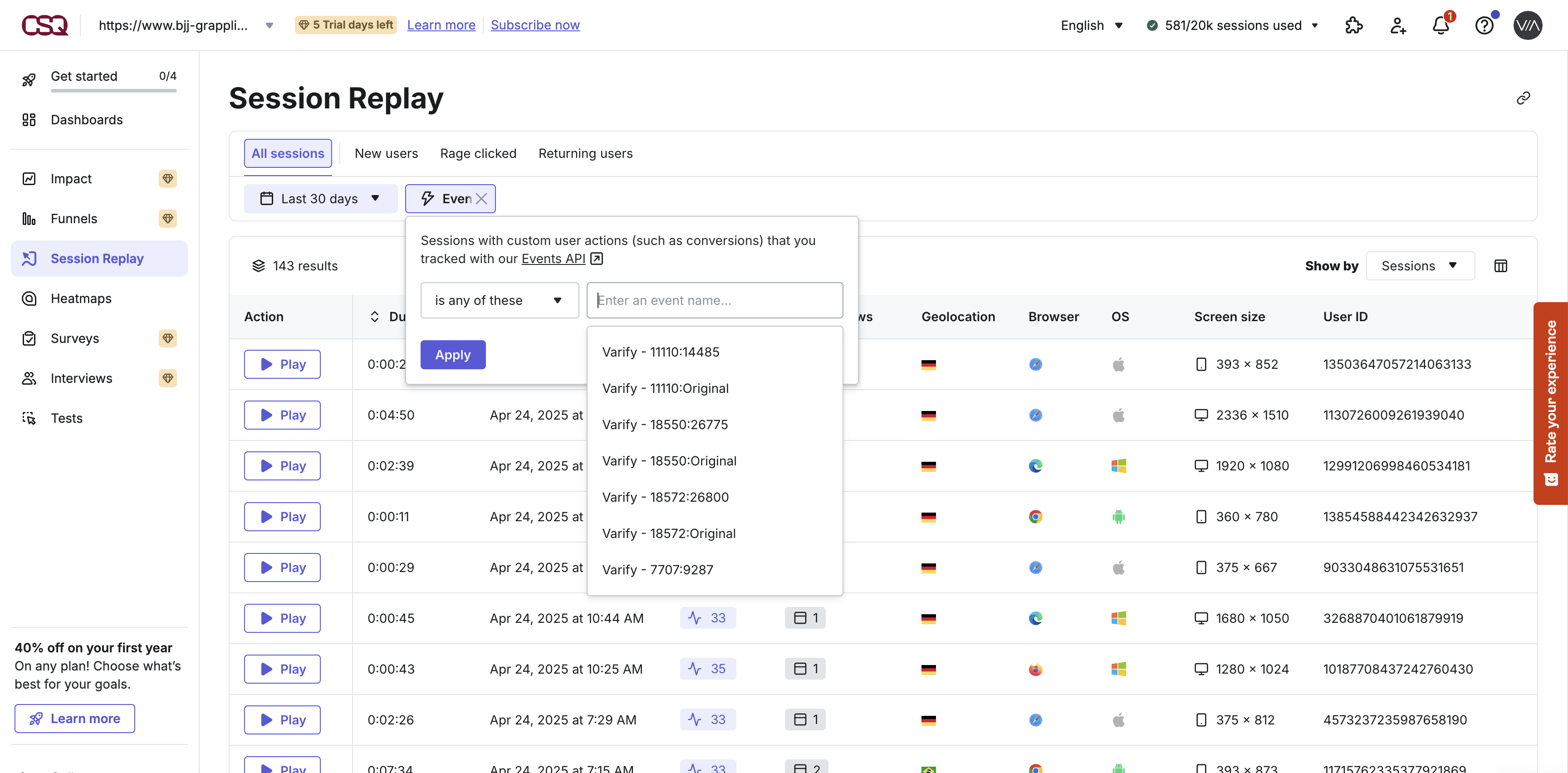 Hotjar Session Replay with an event filter open; the list offers entries such as „Varify – 11110:14485“ and „Varify – 11110:Original“.